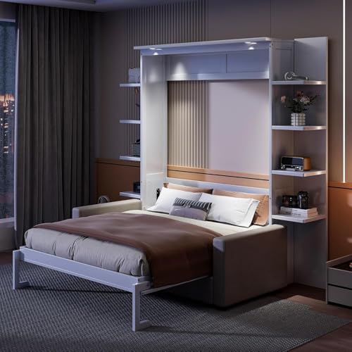 MERITLINE Queen Murphy Bed with Couch and Storage Shelves, White M951