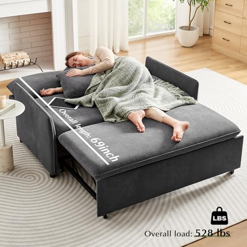 55" 3-in-1 Convertible Sleeper Sofa Bed with Adjustable Backrest, Chenille, Beige R49011