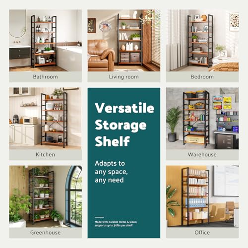 5 Tier Tall Bookcase Bookshelf Organizer Storage Unit Rustic Brown G866