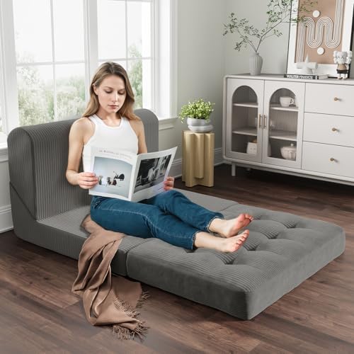 COMAX Folding Sofa Bed Convertible Chair Bed Corduroy 3-in-1 Floor Couch, Dark Grey E940