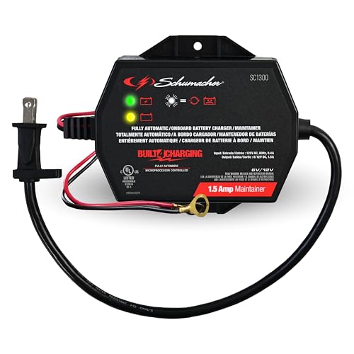 Schumacher Electric Battery Charger and Maintainer, SC1300, 3-in-1, Fully Automatic, 1.5 Amps, 6 Volt, 12 Volt, for Motorcycle, Power Sport, Car, Truck, and Marine Batteries