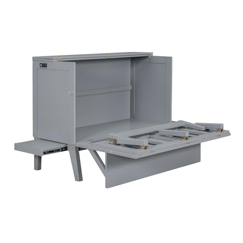 Full Size Murphy Bed with Drawers, Cabinets and USB Ports, Gray D589081