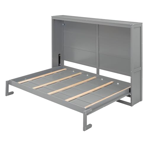 Harper & Bright Designs Queen Murphy Bed with Storage Shelves and LED Lights, Gray D9429