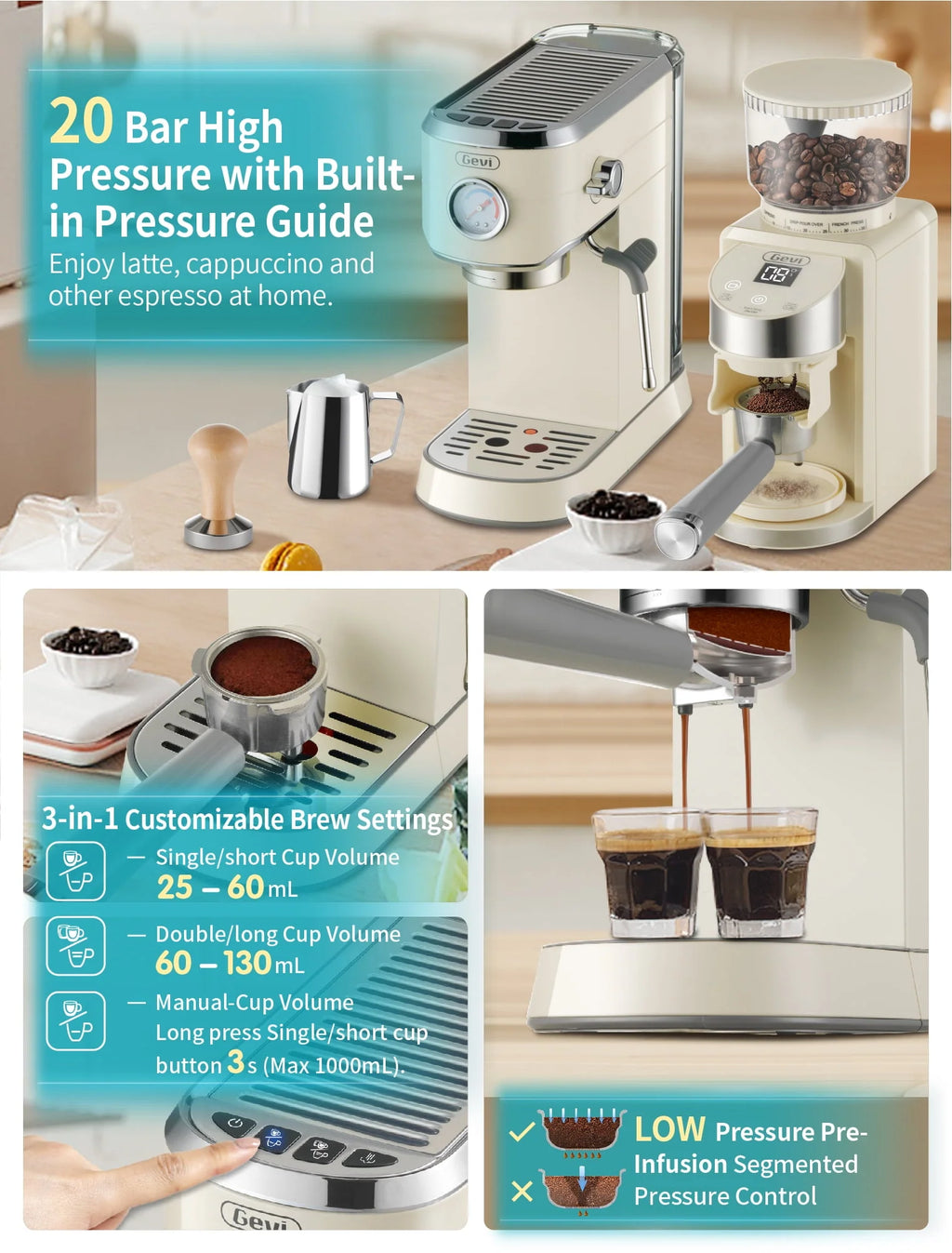 Gevi 20 Bar Espresso Machine with Burr Coffee Grinder G4628