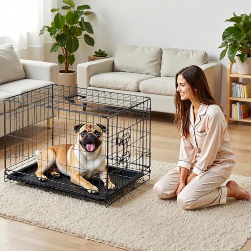 Sweetcrispy Large Dog Crate with Divider Panel, 36 Inch Double Door Folding Metal Wire Cage L276890