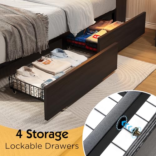 Farmhouse Bed Frame with Bookcase Headboard, LED Storage, Black G550865