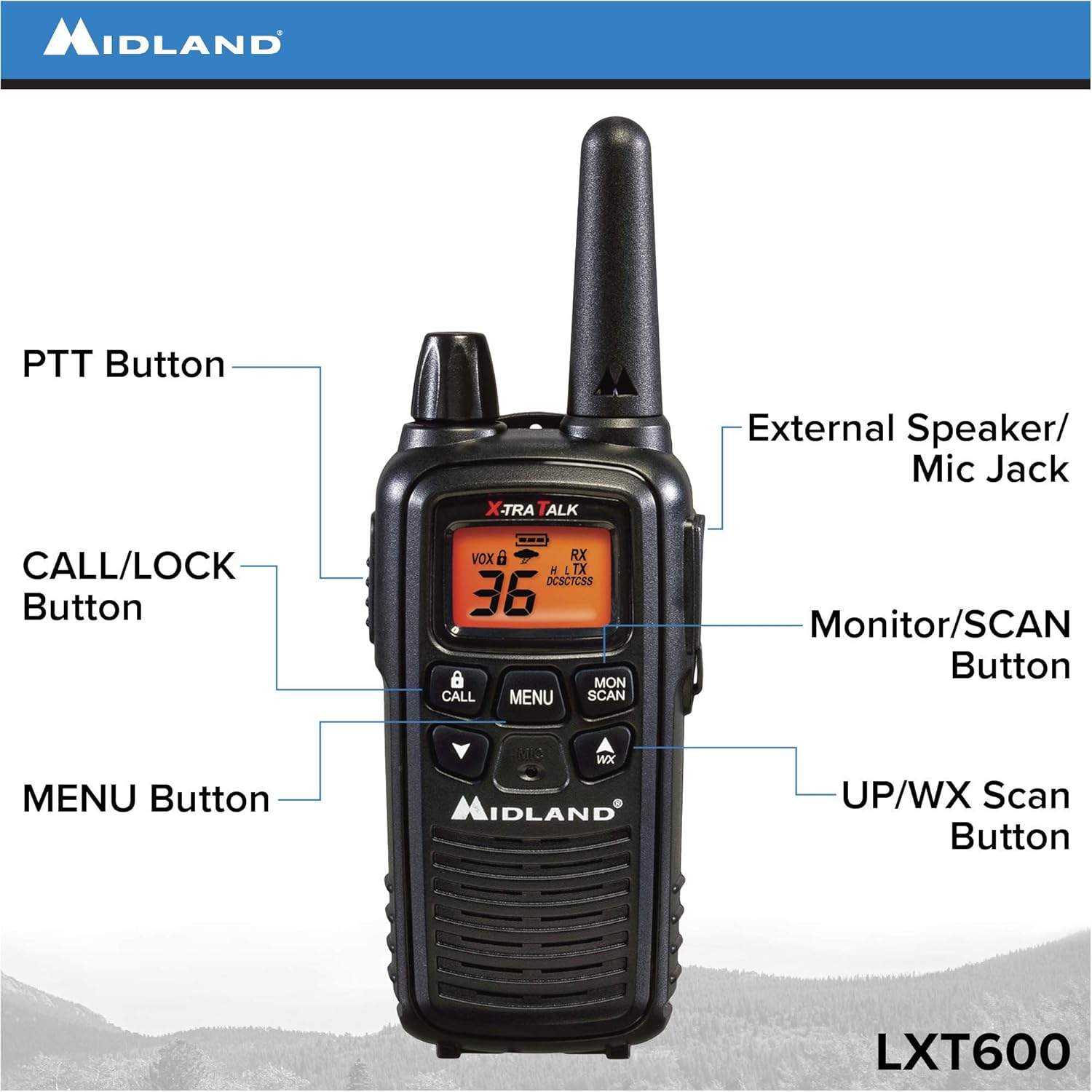 Midland LXT600VP3 36 Channel FRS Two-Way Radio, 30 Mile Range, Black (8 Pack) A758