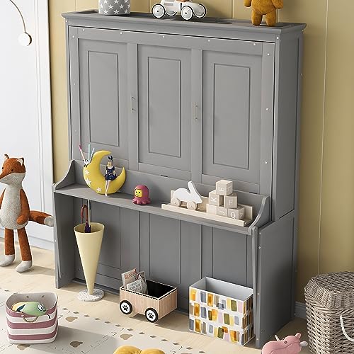 Queen Size Murphy Bed Wall Cabinet with 2 Wardrobes and Storage Shelf, White E955210