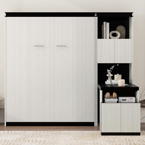 Queen Size Murphy Bed Wall Cabinet with 2 Wardrobes and Storage Shelf, White E955210