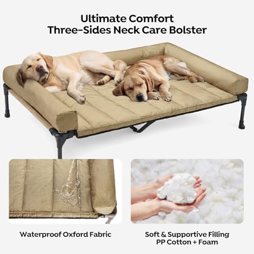 Veehoo Elevated Dog Bed with Removable Waterproof Bolster Cushion, Breathable Mesh, Indoor Outdoor, 42x30 inches, Beige U875430