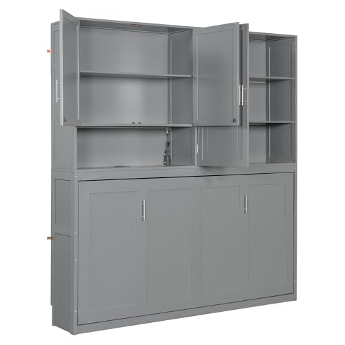 SOFTSEA Twin Murphy Bed Frame with Storage, Foldable Wall Bed, Gray I79151