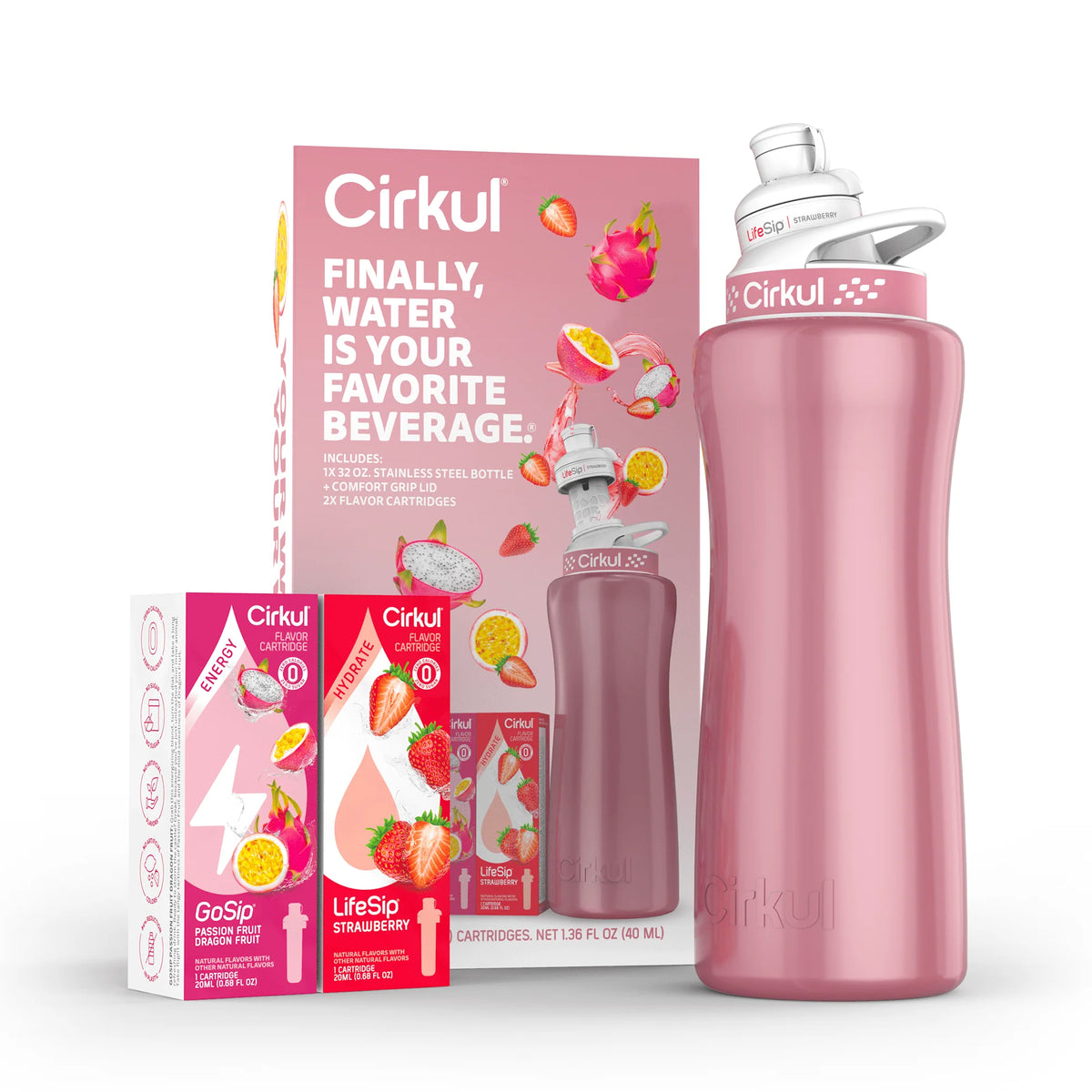 Cirkul 32oz Rose Gold Stainless Steel Water Bottle Starter Kit with 2 Flavor Cartridges Y563
