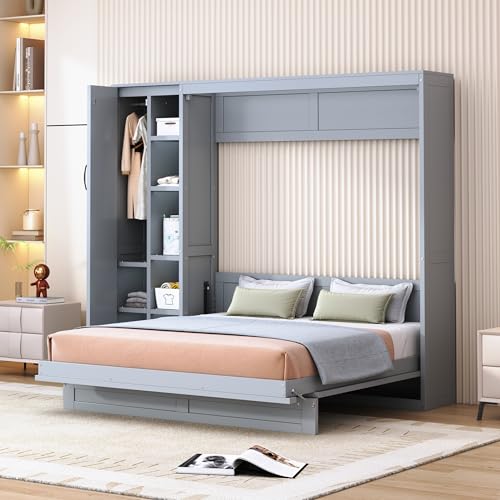 Harper & Bright Designs Queen Murphy Bed with Storage Shelves and LED Lights, Gray D9429
