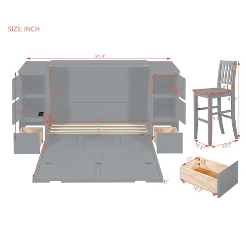 Full Size Murphy Bed with Drawers, Cabinets and USB Ports, Gray D589081