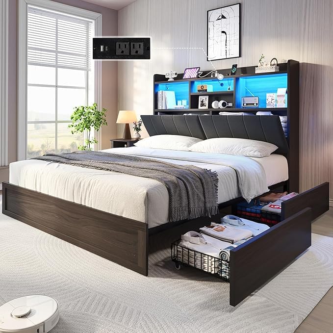 Farmhouse Bed Frame with Bookcase Headboard, LED Storage, Black G550865