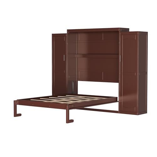 Queen Size Murphy Bed Wall Cabinet with 2 Wardrobes and Storage Shelf, White E955210