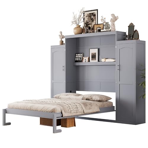 Harper & Bright Designs Full Murphy Bed with Two Closets and Storage Shelf, Walnut P2065