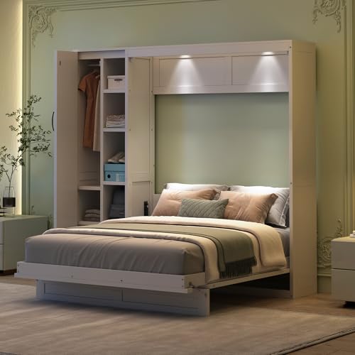 Harper & Bright Designs Queen Murphy Bed with Storage Shelves and LED Lights, Gray D9429