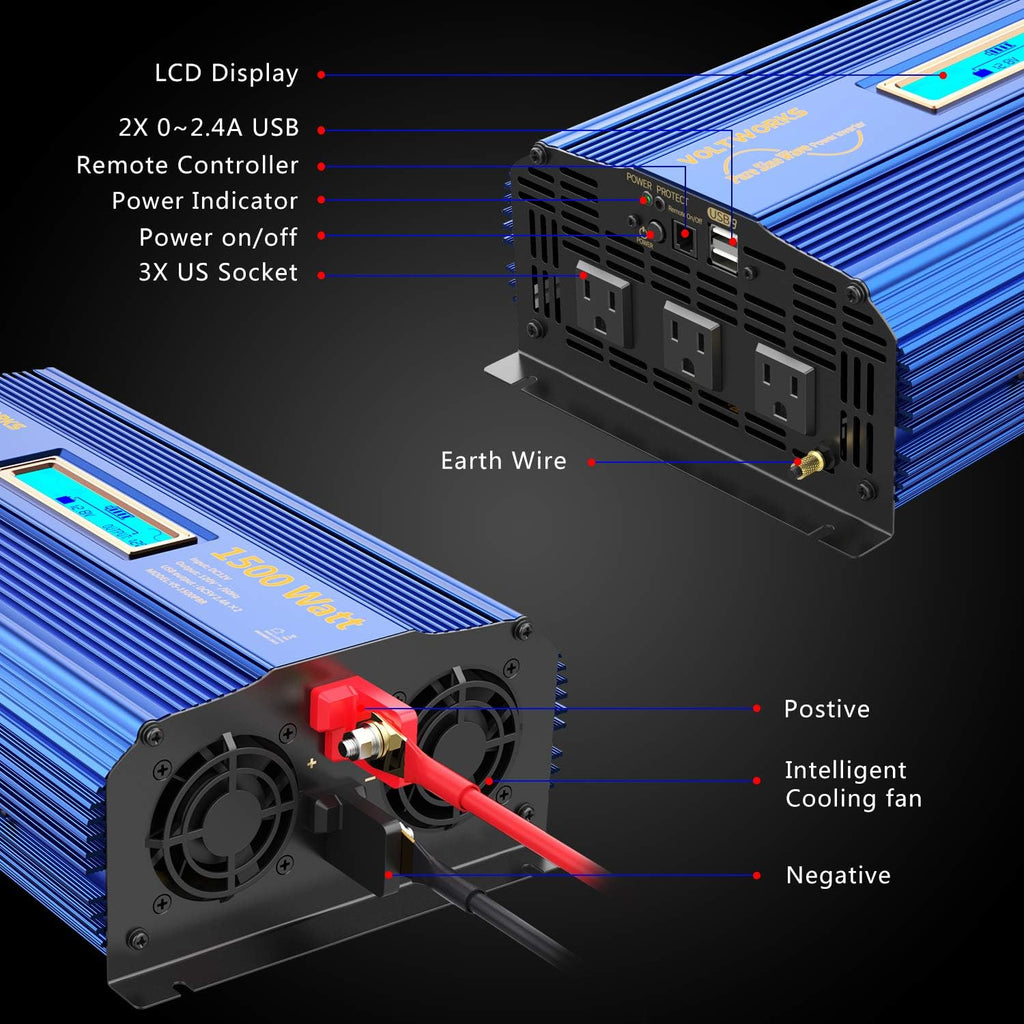 VOLTWORKS 1500W Pure Sine Wave Power Inverter 12V to 110V-120V with Remote Control and Dual USB Ports B91178