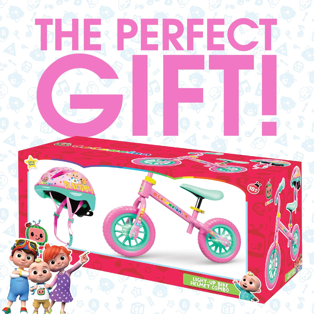Cocomelon Toddlers Balance Bike with Adjustable Helmet, Light-up Wheels, Blue W771