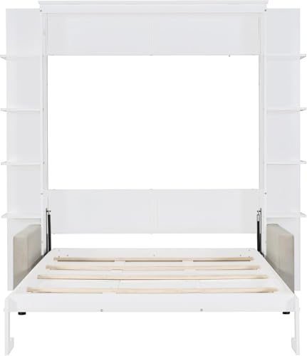 MERITLINE Queen Murphy Bed with Couch and Storage Shelves, White M951