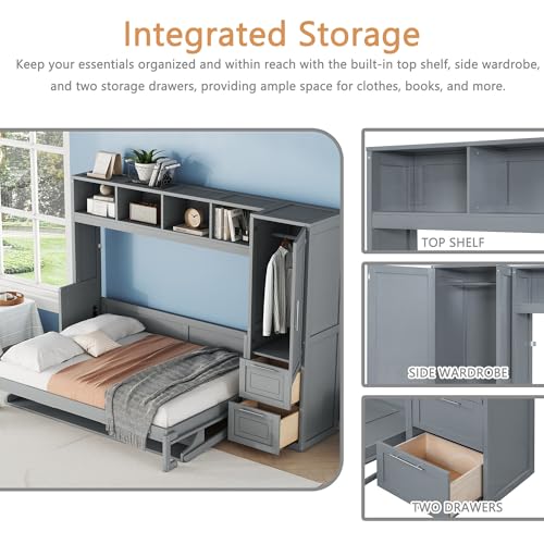Linique Murphy Cabinet Wall Bed with Closet, Drawers and Top Shelf, Gray K190832