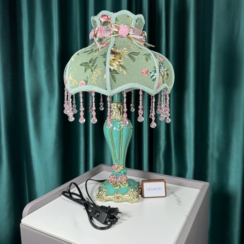 Vintage Floral Fabric Table Lamp with Beaded Lampshade G3551