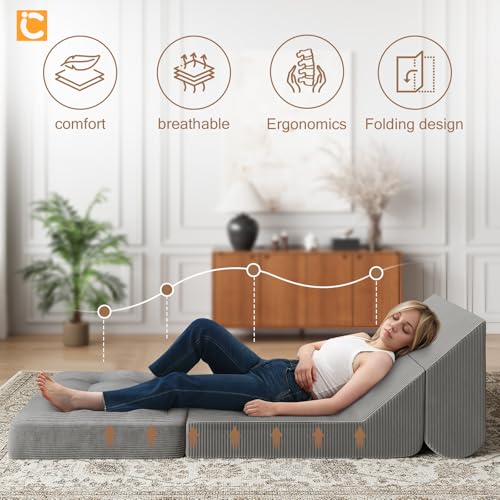 COMAX Folding Sofa Bed Convertible Chair Bed Corduroy 3-in-1 Floor Couch, Dark Grey E940