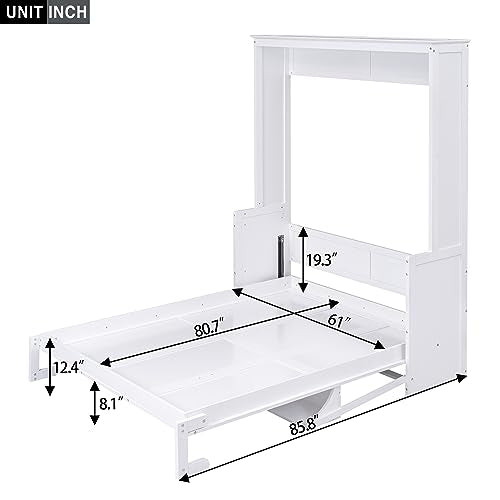 Queen Size Murphy Bed Wall Cabinet with 2 Wardrobes and Storage Shelf, White E955210