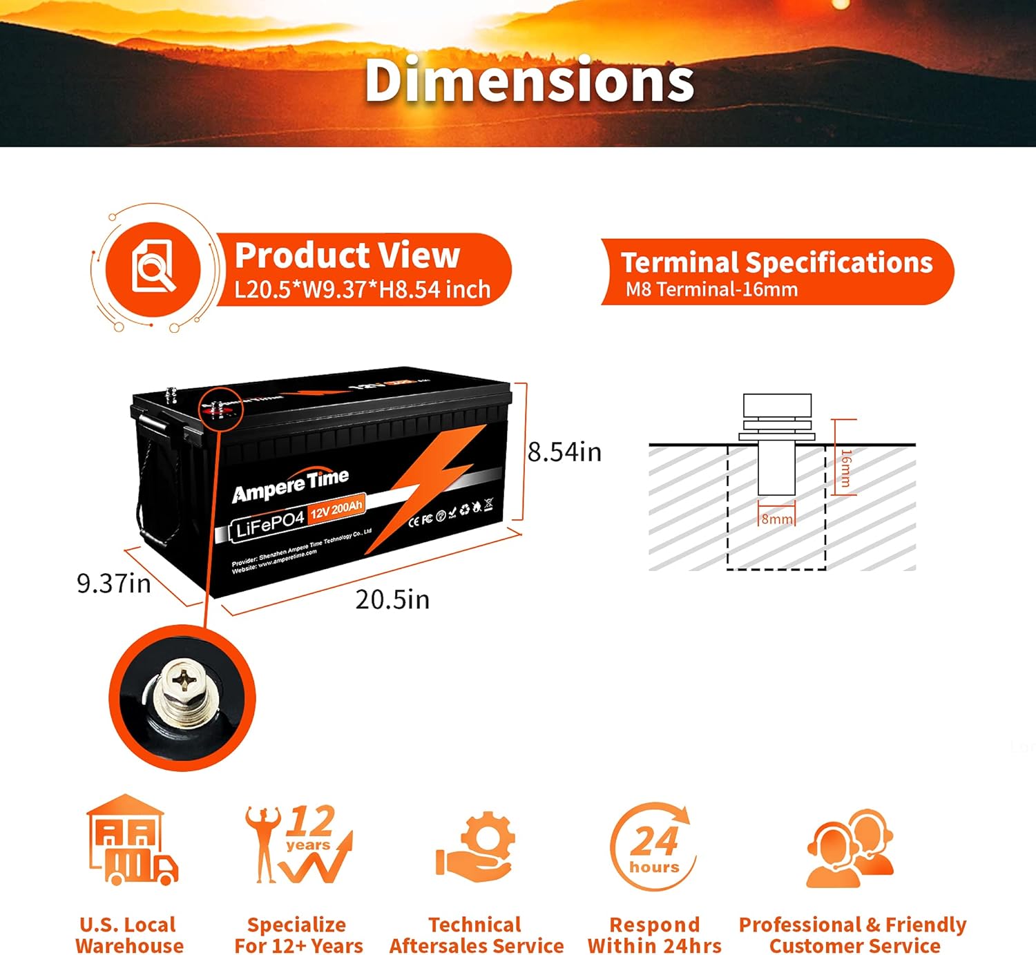 Ampere Time 12V 200Ah Plus LiFePO4 Battery with 200A BMS N84511