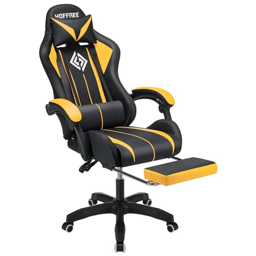 HOFFREE RGB Gaming Chair with Speakers and Footrest, Blue and Black B69323
