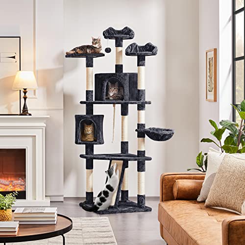Yaheetech Multi-Level Cat Tree with Scratching Posts, Plush Perches and Condo, Dark Gray and White V70137