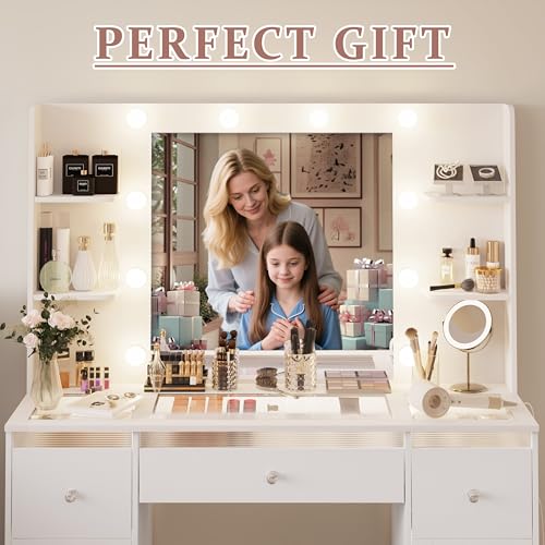 Makeup Vanity with Lights, Glass Top Desk with Mirror for Bedroom K649