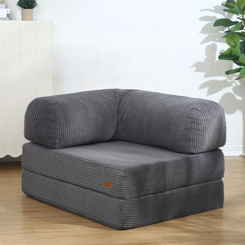 COMAX Folding Sofa Bed Convertible Chair Bed Corduroy 3-in-1 Floor Couch, Dark Grey E940
