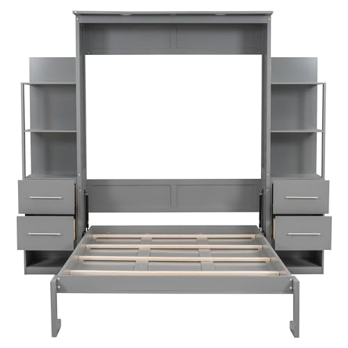Full Size Murphy Bed with Drawers, Cabinets and USB Ports, Gray D589081
