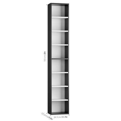 FOTOSOK 8-Tier Media Tower Rack, Tall Narrow Bookcase, Black/Brown W19438