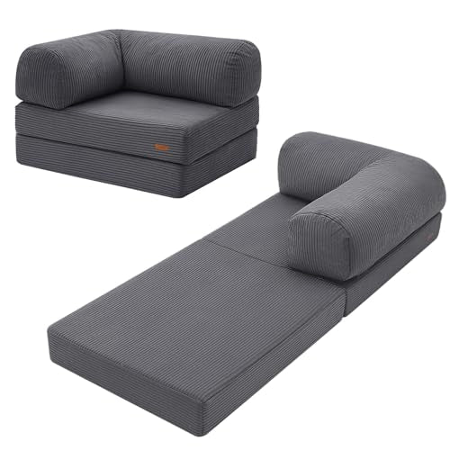 COMAX Folding Sofa Bed Convertible Chair Bed Corduroy 3-in-1 Floor Couch, Dark Grey E940