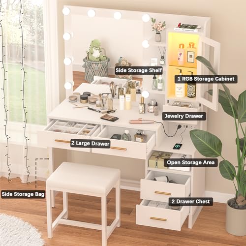 White Vanity Desk with Lighted Mirror and Chair, 5 Drawers Q413