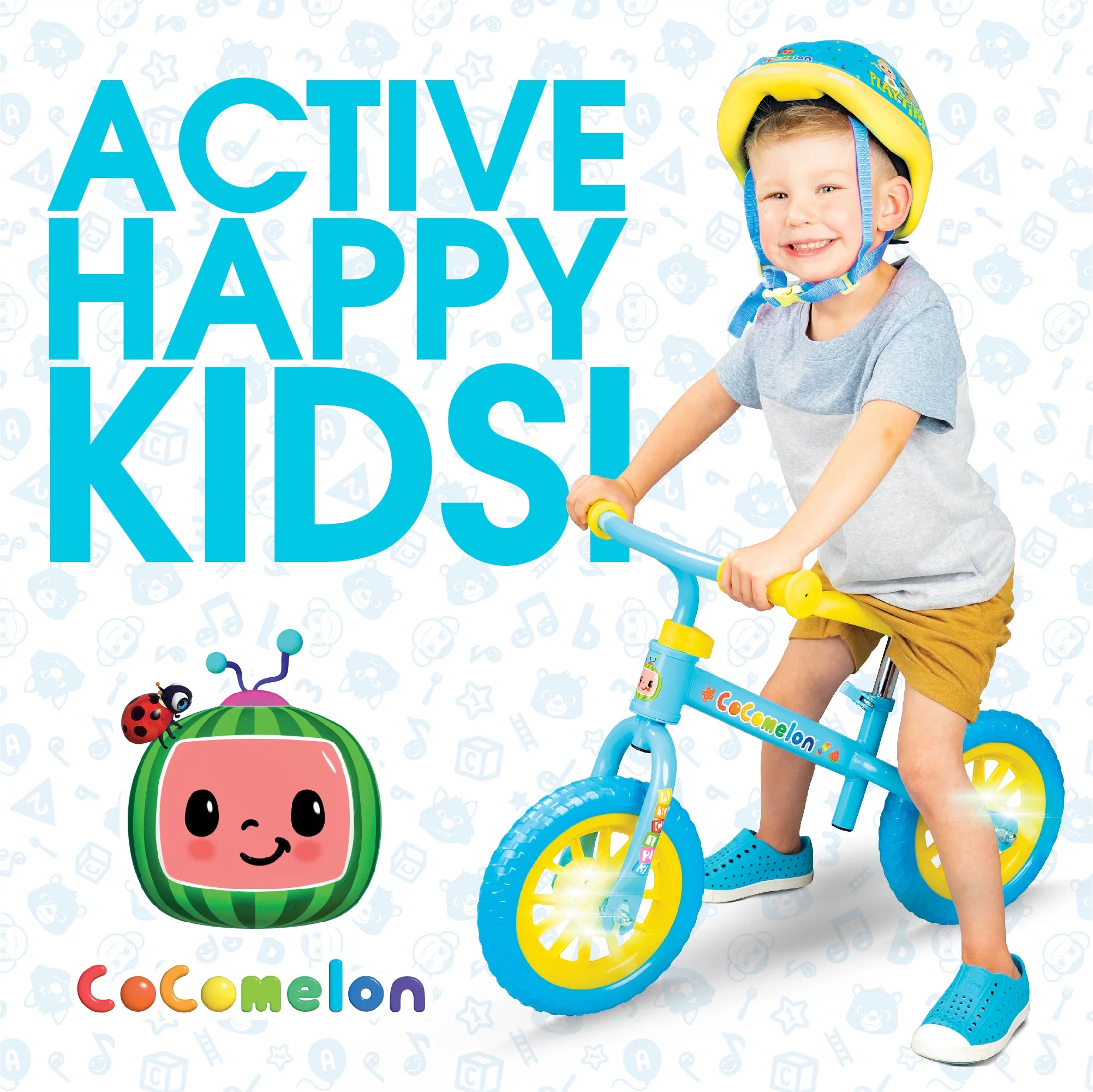 Cocomelon Toddlers Balance Bike with Adjustable Helmet, Light-up Wheels, Blue W771