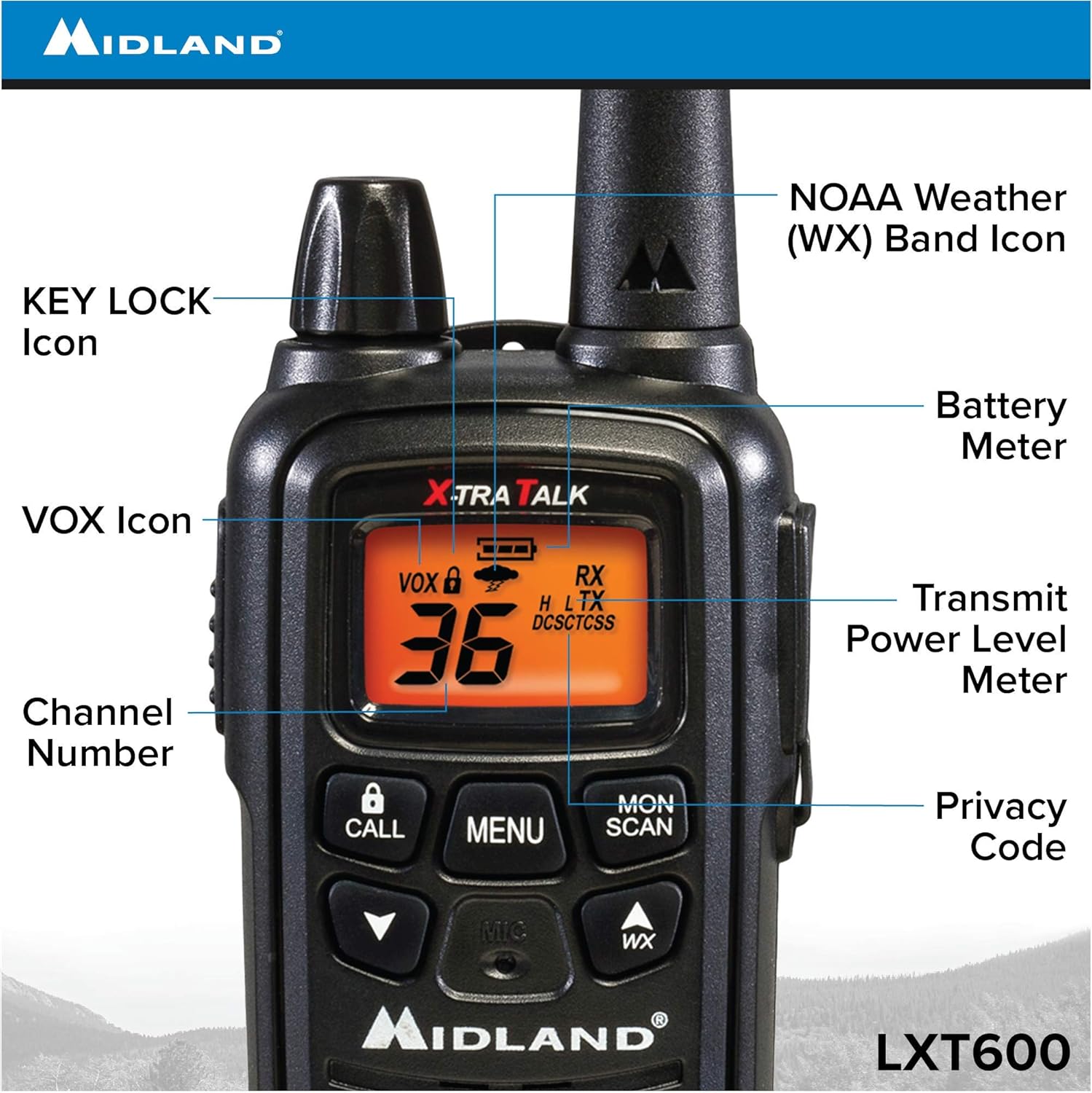 Midland LXT600VP3 36 Channel FRS Two-Way Radio, 30 Mile Range, Black (8 Pack) A758