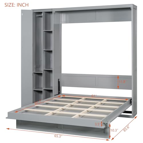 Harper & Bright Designs Queen Murphy Bed with Storage Shelves and LED Lights, Gray D9429