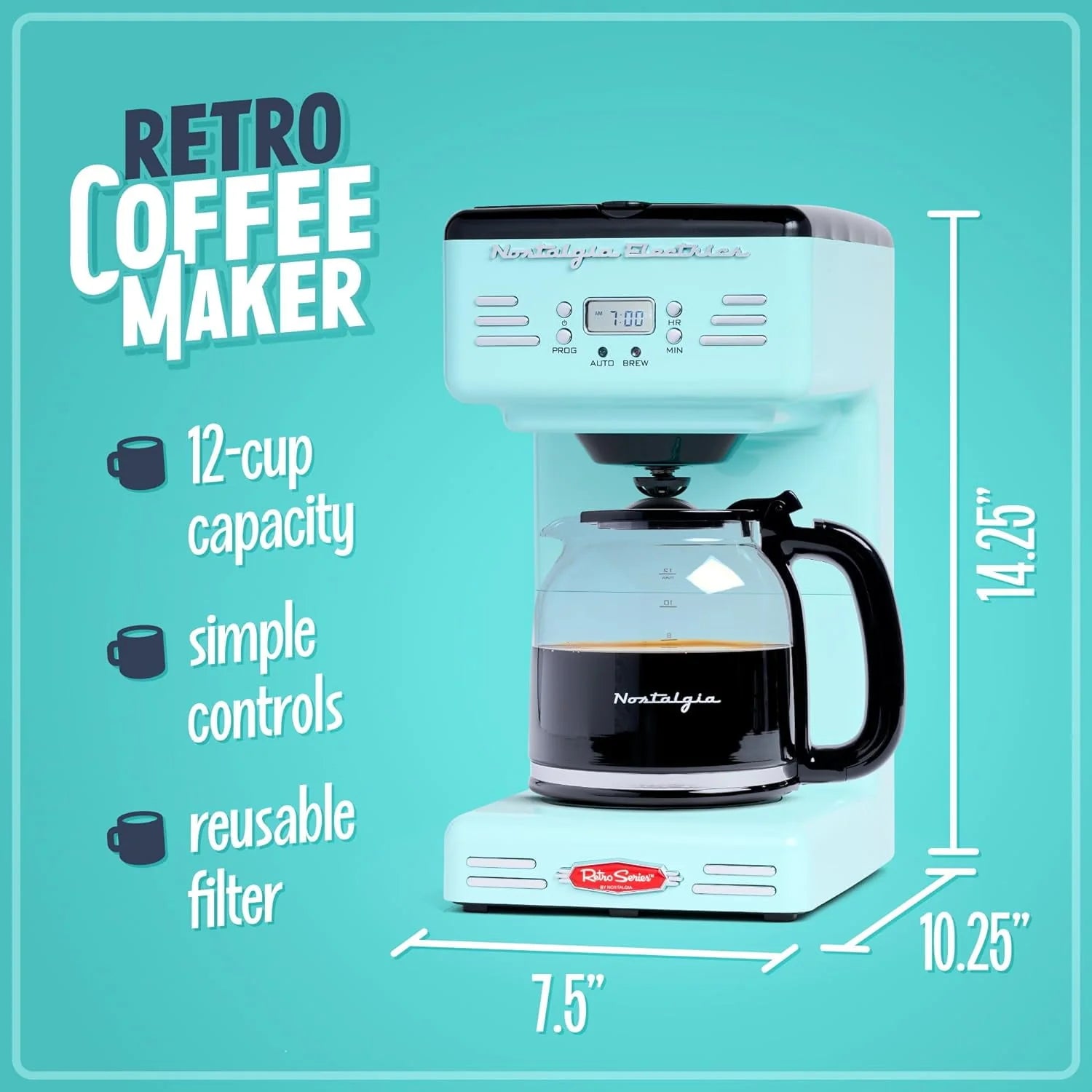Nostalgia Retro 12-Cup Programmable Coffee Maker, Aqua E191