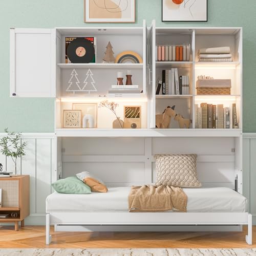 PURLOVE Wood Twin Murphy Bed with Light and USB, Gray W600663