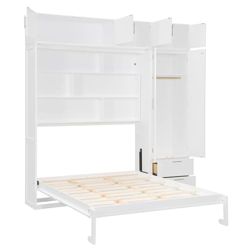 Merax Queen Murphy Bed with Shelves and Wardrobe, White A610744