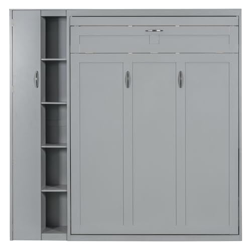 Harper & Bright Designs Queen Murphy Bed with Storage Shelves and LED Lights, Gray D9429