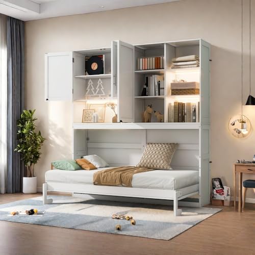 SOFTSEA Twin Murphy Bed Frame with Storage, Foldable Wall Bed, Gray I79151