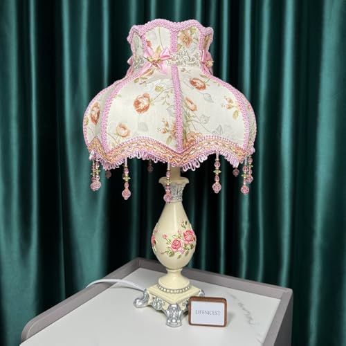 Vintage Floral Fabric Table Lamp with Beaded Lampshade G3551
