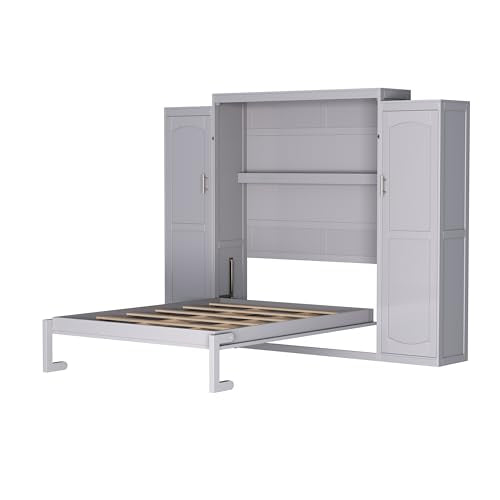 Queen Size Murphy Bed Wall Cabinet with 2 Wardrobes and Storage Shelf, White E955210