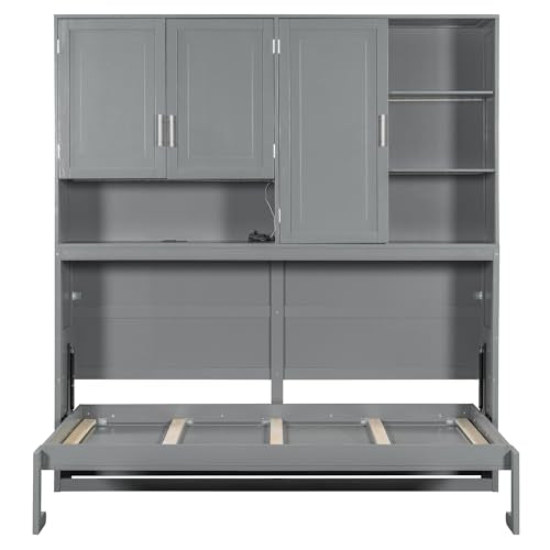 SOFTSEA Twin Murphy Bed Frame with Storage, Foldable Wall Bed, Gray I79151