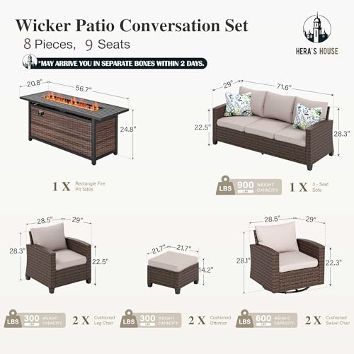 HERA'S HOUSE Patio Furniture Set with 56" Fire Pit Table, 6 Pieces 7 Seats Wicker Sectional Z546196